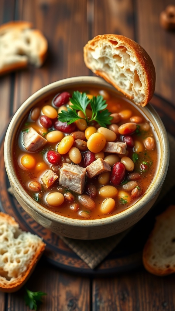 A bowl of 15 bean and ham soup filled with various beans, ham pieces, and garnished with parsley, with bread on the side.